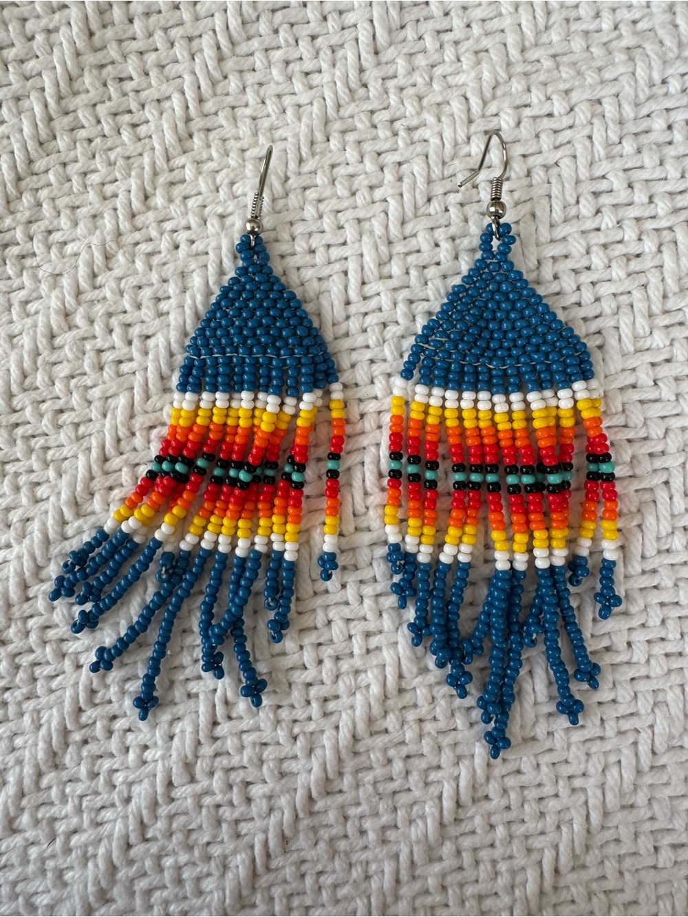 Handmade Beaded Fringe Earrings in Blue with Rainbow Accent